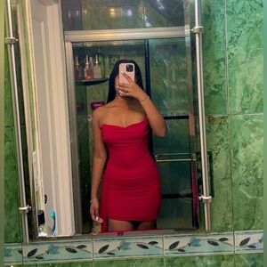 Red Strapless Side Draped Dress